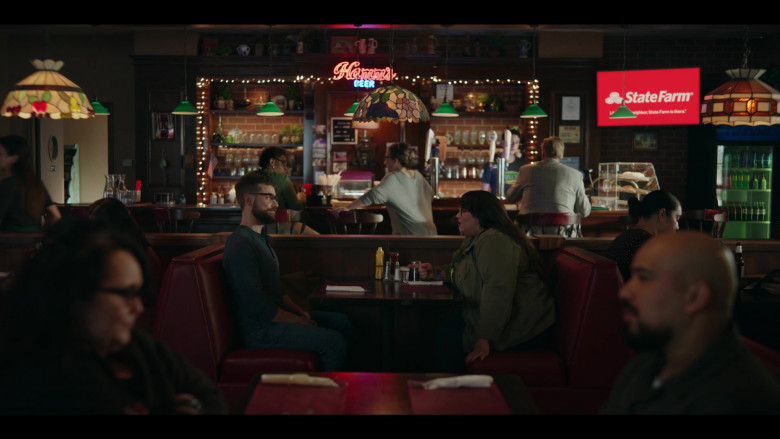 Hamm's Beer Sign and State Farm Insurance Company TV Ad in Rutherford Falls S01E03 Aunt Ida's 90th Birthday (2021)