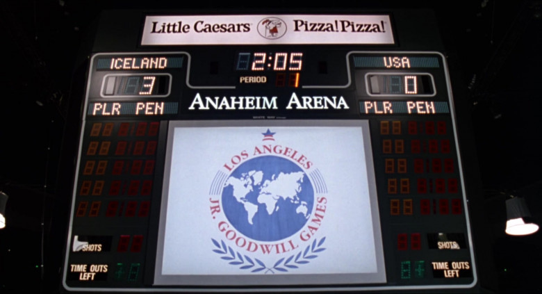 Little Caesars Pizza Ad on the Scoreboard in D2 The Mighty Ducks (1994)