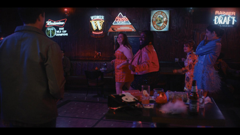 Budweiser Beer, Widmer Brothers Brewery, Coors Light, Mirror Pond Pale Ale by Deschutes Brewery and Rainier Draft Signs in Shrill S03E03 Retreat (2021)