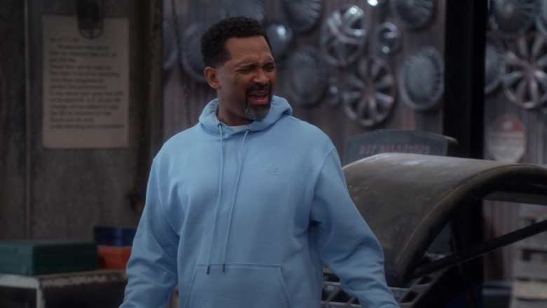 Champion Blue Hoodie of Mike Epps as Bennie in The Upshaws S01E09 Gloves Off (2021)