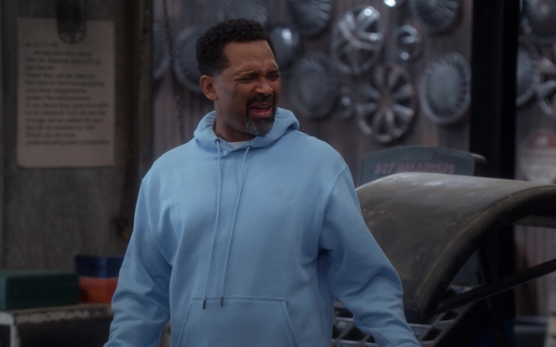 Champion Blue Hoodie of Mike Epps as Bennie in The Upshaws S01E09 Gloves Off (2021)