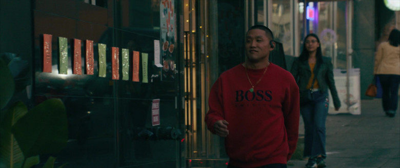 Boss Red Sweatshirt of Taylor Takahashi as Alfred Chin in Boogie (2021)