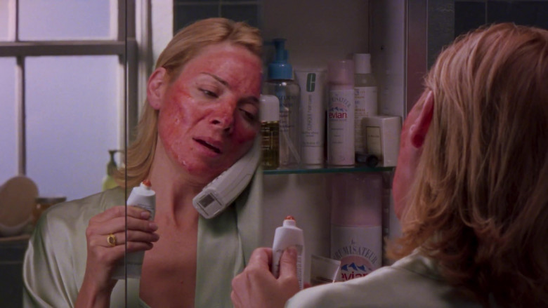 Evian Beauty and Personal Care Products of Samantha Jones (Kim Cattrall) in Sex and the City S05E05 Plus One is the Loneliest Number (2002)
