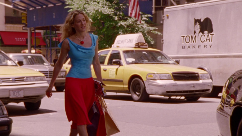 Helmut Lang Fashion Label Taxi Ad and Tom Cat Bakery Truck in Sex and the City S04E12 Just Say Yes (2001)