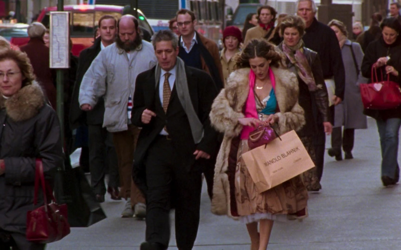 Manolo Blahnik Fashion Designer Shopping Bag Held by Sarah Jessica Parker as Carrie Bradshaw in Sex and the City S06E20 An American Girl In Paris (Part Deux) (2004)