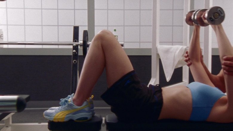Puma Cell Flow Blue-Yellow Sneakers of Kim Cattrall as Samantha Jones in Sex and the City S02E06 The Cheating Curve (1999)