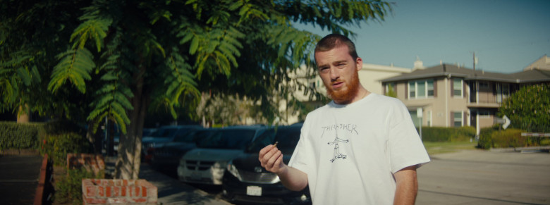 Thrasher White T-Shirt Worn by Angus Cloud as Walker in North Hollywood (2021)