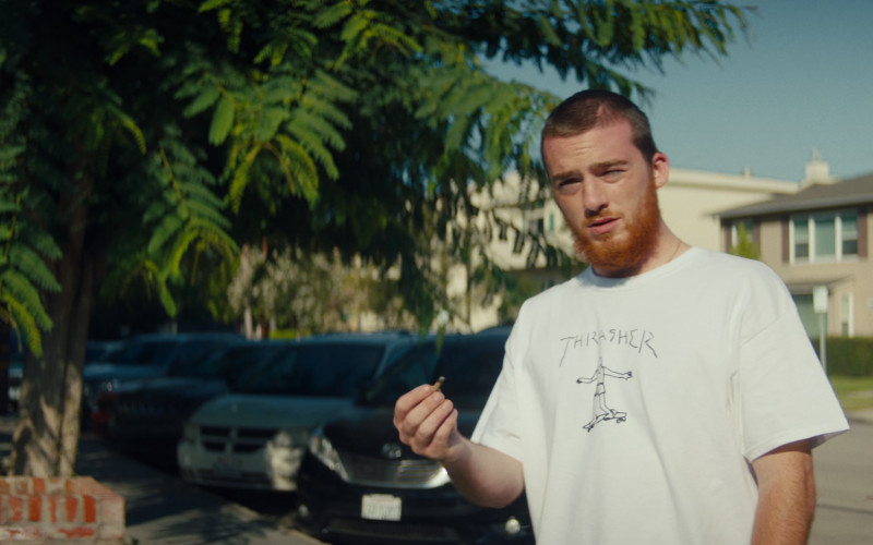 Thrasher White T-Shirt Worn by Angus Cloud as Walker in North Hollywood (2021)