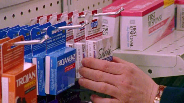 Trojan and Durex Condoms, First Response Test in Sex and the City S01E10 The Baby Shower (1998)