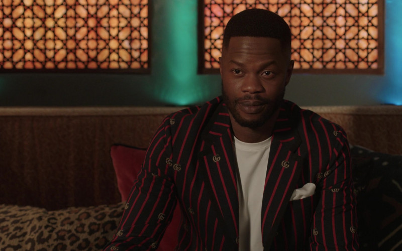 Gucci GG Stripe Blazer Jacket of Sam Adegoke as Jeff Colby in Dynasty S04E14 "But I Don't Need Therapy" (2021)
