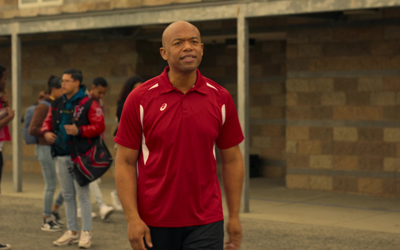 Asics Men’s Red Shirt of Rob Murat as Coach Ron in On My Block S04E01 Chapter Twenty-Nine (2021)