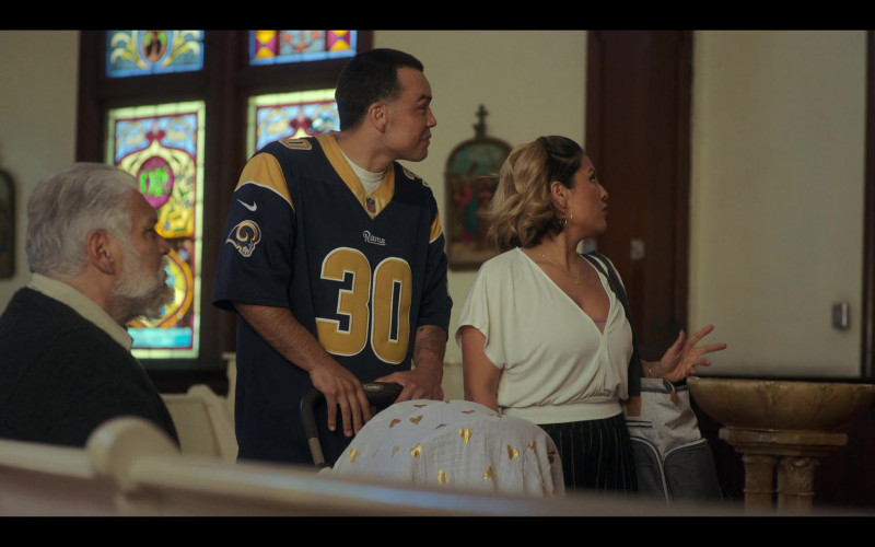 Nike x Los Angeles Rams American Football Team Jersey in Gentefied S02E01 Welcome Home, Pop (2021)
