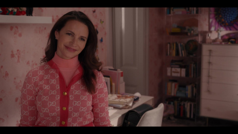 Gucci Pink Cardigan Sweater Worn by Kristin Davis as Charlotte York in And Just Like That… S01E06 Diwali (2022)