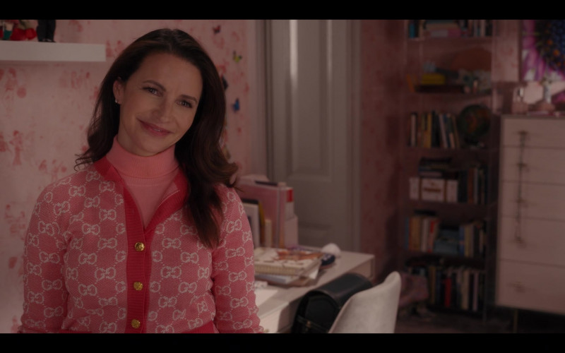 Gucci Pink Cardigan Sweater Worn by Kristin Davis as Charlotte York in And Just Like That… S01E06 Diwali (2022)