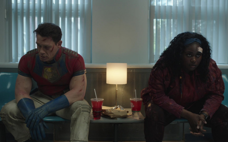 7-Eleven Big Gulp Drinks of John Cena as Christopher Smith and Danielle Brooks as Leota Adebayo in Peacemaker S01E08 "It's Cow or Never" (2022)