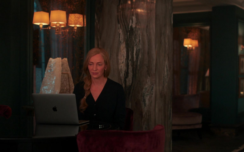 Apple MacBook Laptop of Uma Thurman as Katherine Newman in Suspicion S01E08 Unmasked (2022)