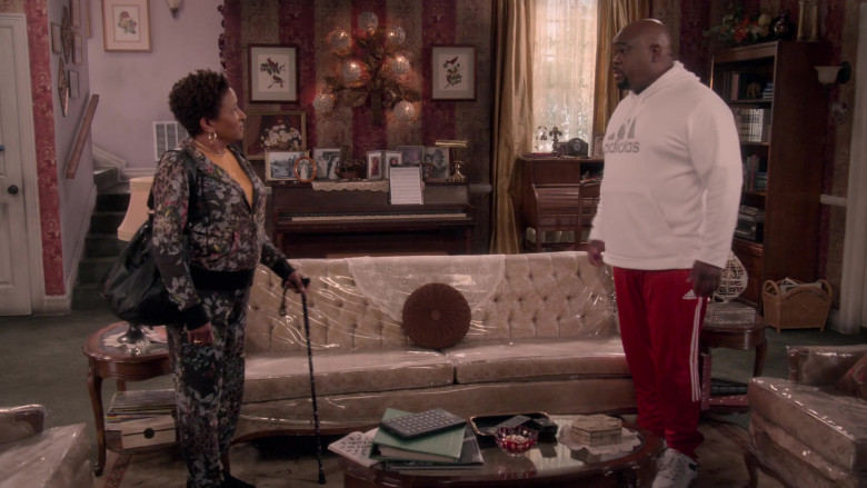 Adidas White Hoodie and Red Pants Worn by Leonard Earl Howze as Davis in The Upshaws S02E06 New Growth (2022)