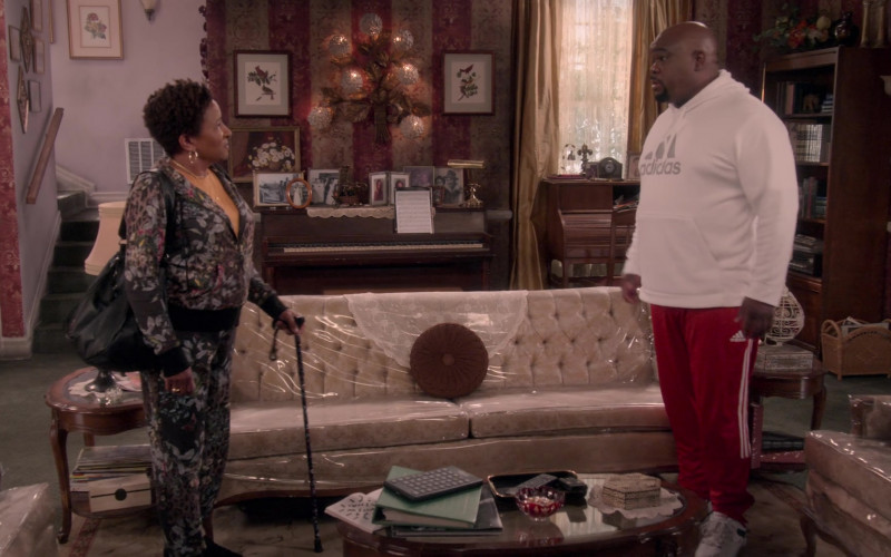 Adidas White Hoodie and Red Pants Worn by Leonard Earl Howze as Davis in The Upshaws S02E06 New Growth (2022)
