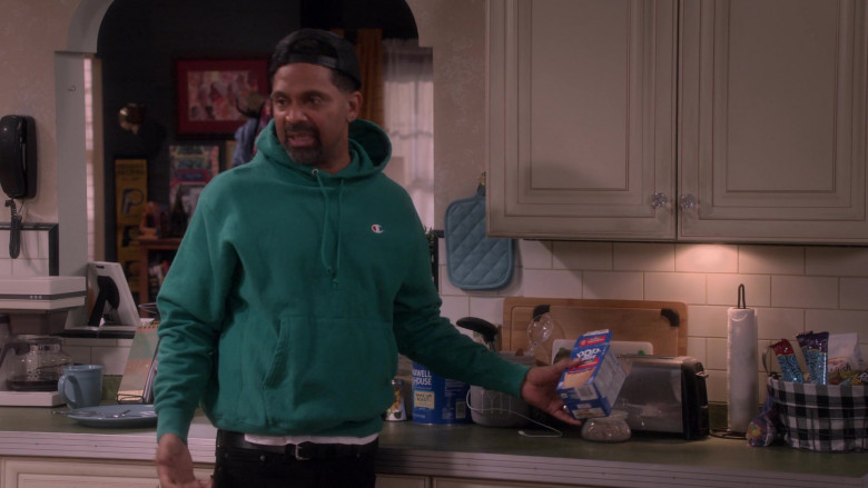 Champion Green Hoodie Worn by Mike Epps as Bernard, Maxwell House Coffee and Pop-Tarts Toaster Pastries in The Upshaws S02E08 Goin' In (1)