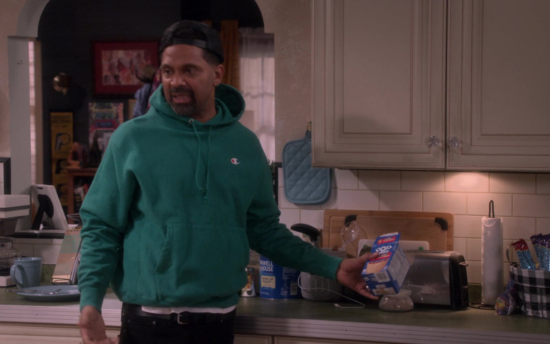 Champion Green Hoodie Worn by Mike Epps as Bernard, Maxwell House Coffee and Pop-Tarts Toaster Pastries in The Upshaws S02E08 Goin’ In (1)