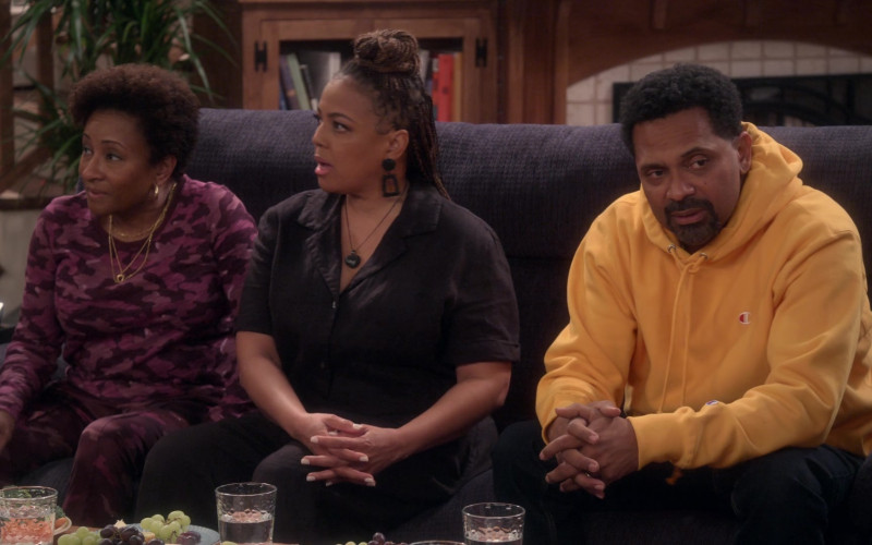 Champion Yellow Hoodie of Mike Epps as Bernard in The Upshaws S02E07 Sista, Sista (1)