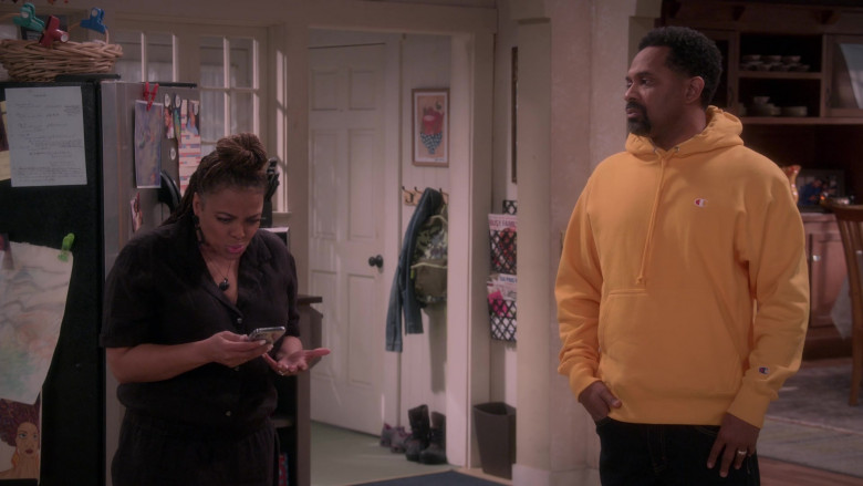 Champion Yellow Hoodie of Mike Epps as Bernard in The Upshaws S02E07 Sista, Sista (2)