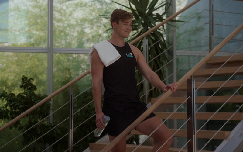 Emporio Armani T-Shirt and Voss Water of Zane Phillips as Dex in Fire Island (2022)