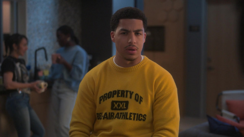 Bel-Air Athletics Yellow Sweater Worn by Marcus Scribner as Andre Johnson, Jr. in Grown-ish S05E02 High Society (1)