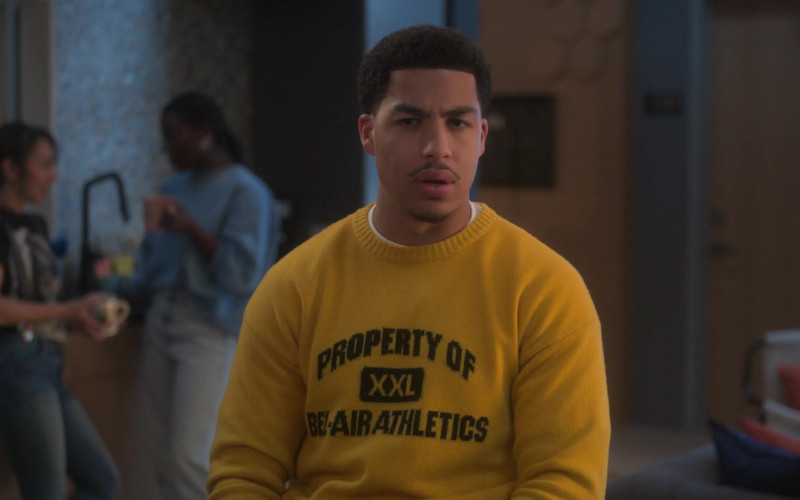 Bel-Air Athletics Yellow Sweater Worn by Marcus Scribner as Andre Johnson, Jr. in Grown-ish S05E02 "High Society" (2022)