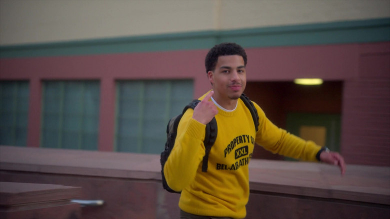 Bel-Air Athletics Yellow Sweater Worn by Marcus Scribner as Andre Johnson, Jr. in Grown-ish S05E02 High Society (2)