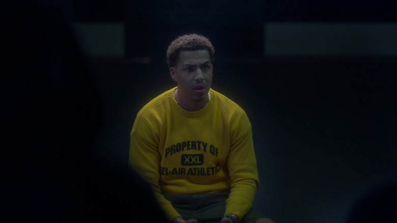 Bel-Air Athletics Yellow Sweater Worn by Marcus Scribner as Andre Johnson, Jr. in Grown-ish S05E02 High Society (3)