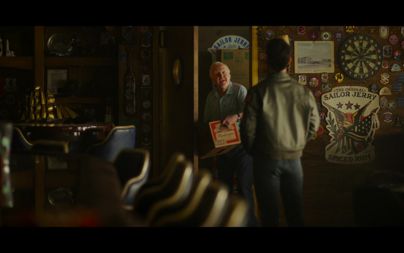 Budweiser Beer Box and Sailor Jerry Spicer Rum Signs in Top Gun Maverick (2022)