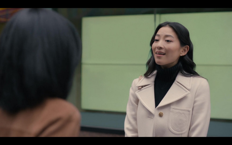 Gucci Double G embroidered button-front coat worn by Arden Cho as Ingrid Yun in Partner Track S01E05 (1)