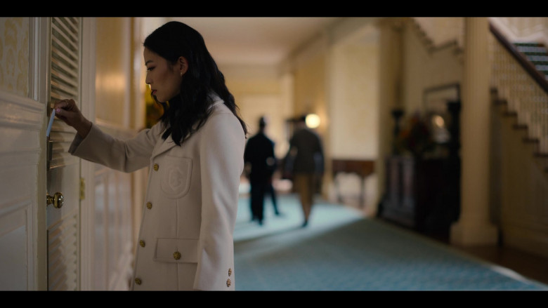 Gucci Double G embroidered button-front coat worn by Arden Cho as Ingrid Yun in Partner Track S01E05 (2)