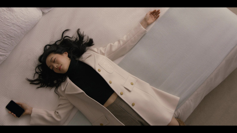 Gucci Double G embroidered button-front coat worn by Arden Cho as Ingrid Yun in Partner Track S01E05 (3)