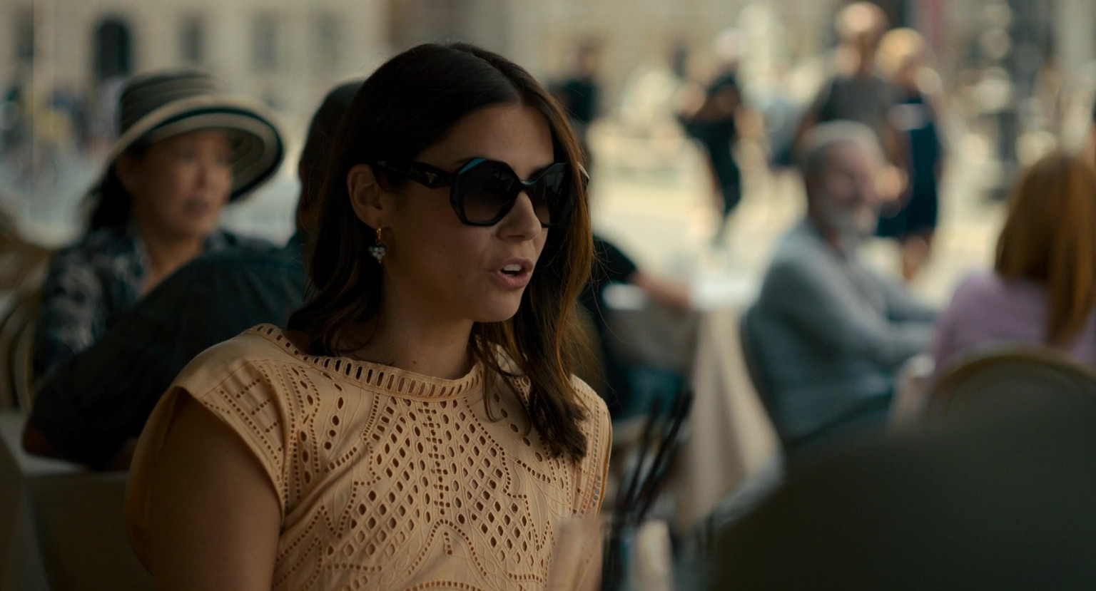 Prada Hexagon Sunglasses Of Lorenza Izzo As Angela In Confess, Fletch (2022)
