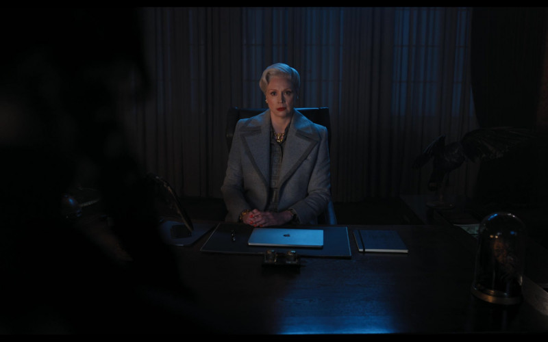 Apple MacBook Laptop Computer of Gwendoline Christie as Larissa Weems in Wednesday S01E08 "A Murder of Woes" (2022)
