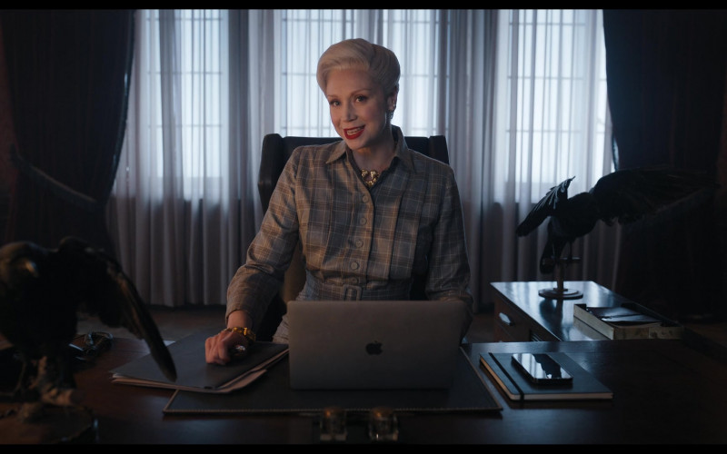 Apple MacBook Laptop of Gwendoline Christie as Larissa Weems in Wednesday S01E07 "If You Don't Woe Me By Now" (2022)
