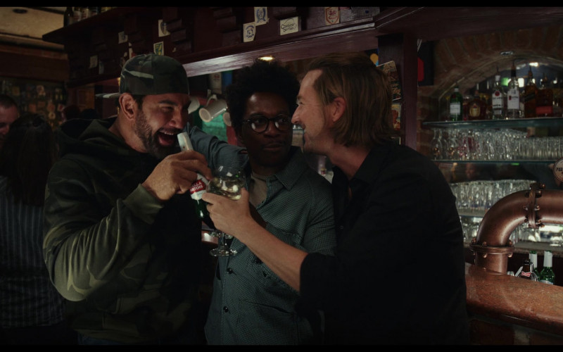 Stella Artois Beer Enjoyed by Dave Bautista as Duke Cody, Tanqueray Gin, Crown Royal Canadian Whisky, Bacardi Ketel One, Budweiser in Glass Onion A Knives Out Mystery (2022)