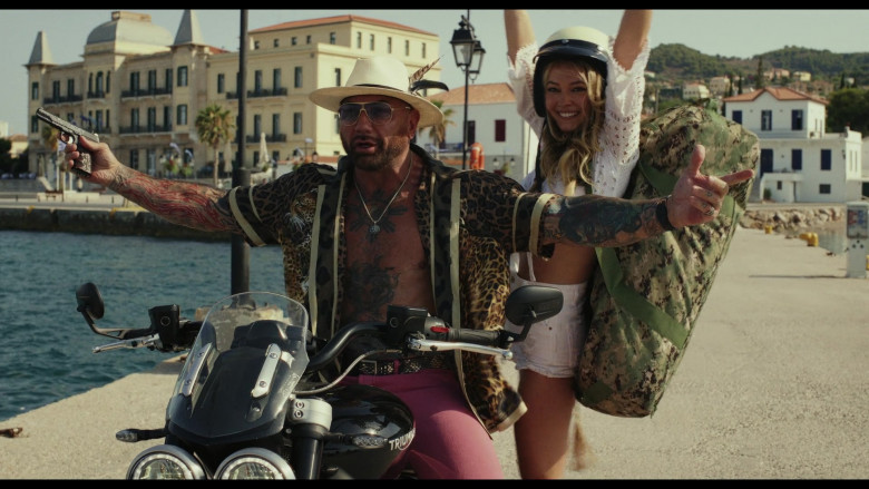 Triumph Motorcycle of Dave Bautista as Duke Cody & Madelyn Cline as Whiskey in Glass Onion A Knives Out Mystery (1)