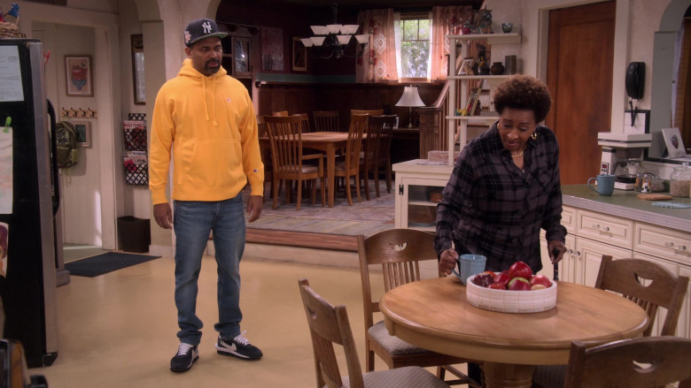 Champion Yellow Hoodie and Nike Sneakers Worn by Mike Epps as Bennie in The Upshaws S03E08 Now What (2023)