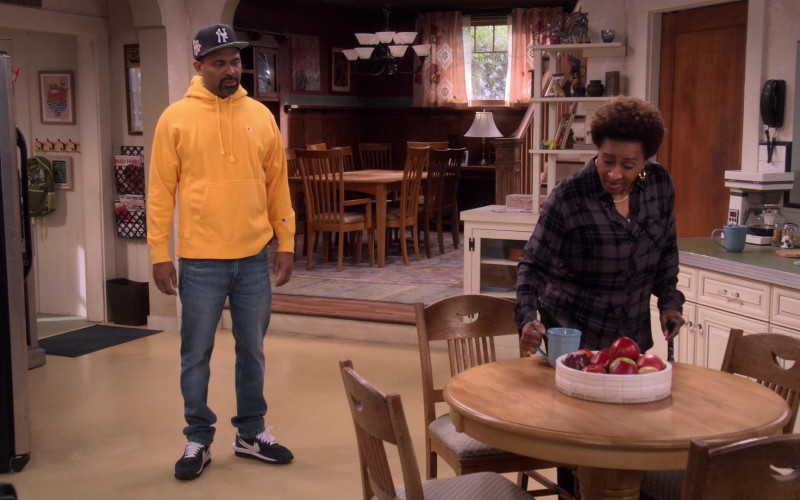 Champion Yellow Hoodie and Nike Sneakers Worn by Mike Epps as Bennie in The Upshaws S03E08 Now What (2023)