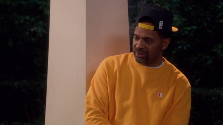 Champion Yellow Sweatshirt Worn by Mike Epps as Bernard in The Upshaws S03E05 Lane Change (2)