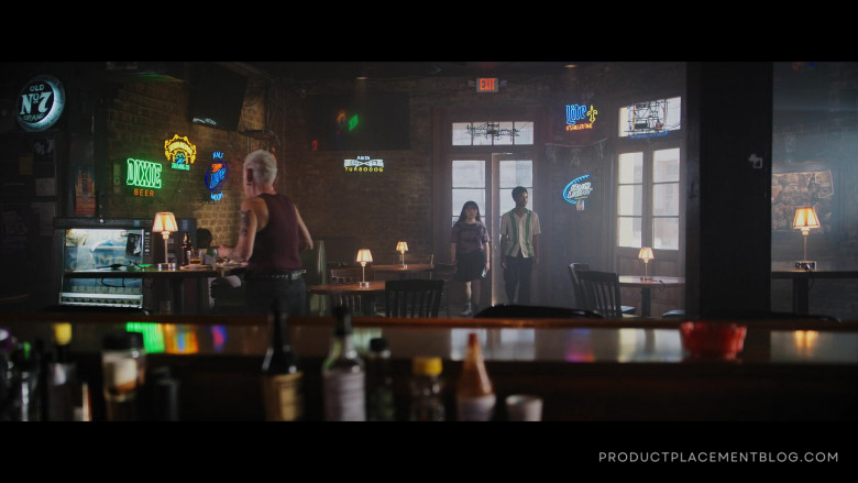 Jack Daniel's Old No.7, Dixie Beer, Sierra Nevada Brewing Co., Miller Lite, Abita Turbodog and Bud Light Beer Signs in We Have a Ghost (2023)