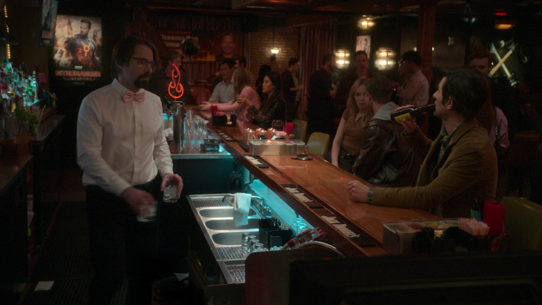 Jack Daniel’s Whisky Bar Spill Mats and Pacifico Beer Bottle in Party Down S03E01 Kyle Bradway Is Nitromancer (2023)