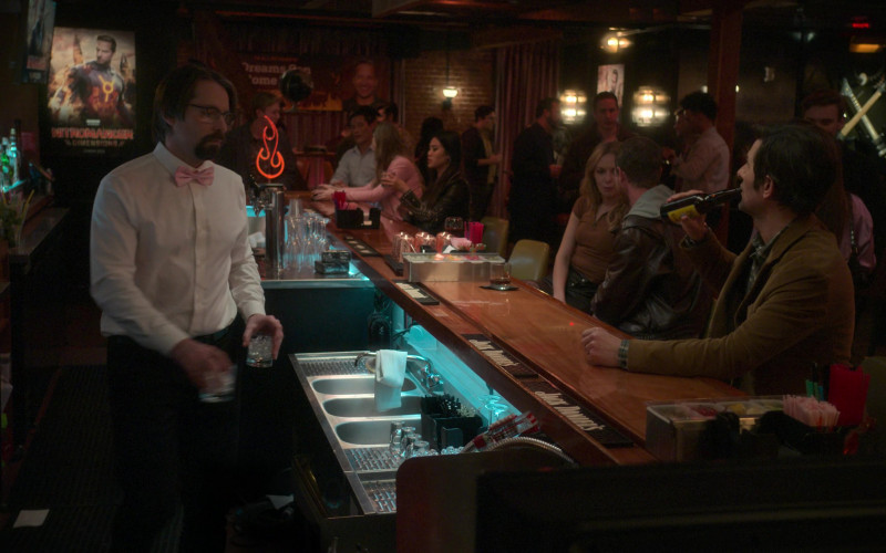Jack Daniel's Whisky Bar Spill Mats and Pacifico Beer Bottle in Party Down S03E01 Kyle Bradway Is Nitromancer (2023)
