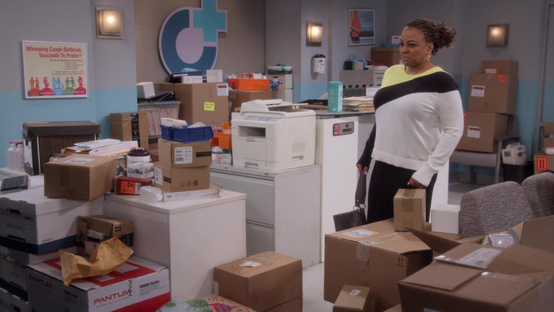 Pantum M6800 Series Printer, Bankers Box and Amazon Prime Boxes in The Upshaws S03E04 Off Beat (2023)