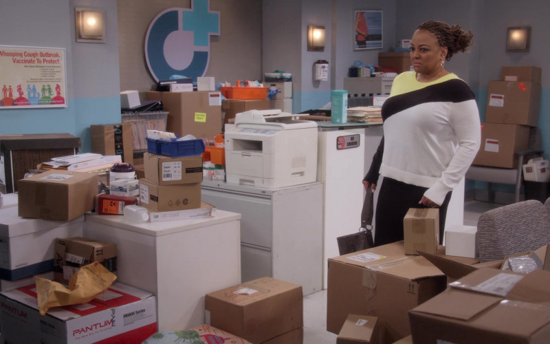 Pantum M6800 Series Printer, Bankers Box and Amazon Prime Boxes in The Upshaws S03E04 Off Beat (2023)