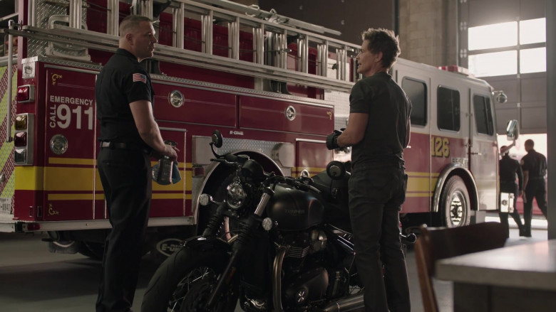 Triumph Motorcycle of Rob Lowe as Firefighter Captain Owen Strand in 9-1-1 Lone Star S04E03 Cry Wolf (1)