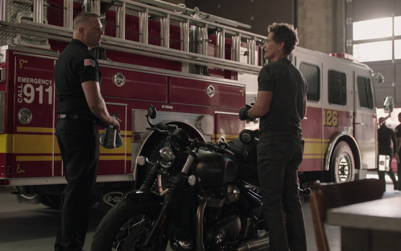 Triumph Motorcycle of Rob Lowe as Firefighter Captain Owen Strand in 9-1-1 Lone Star S04E03 Cry Wolf (1)